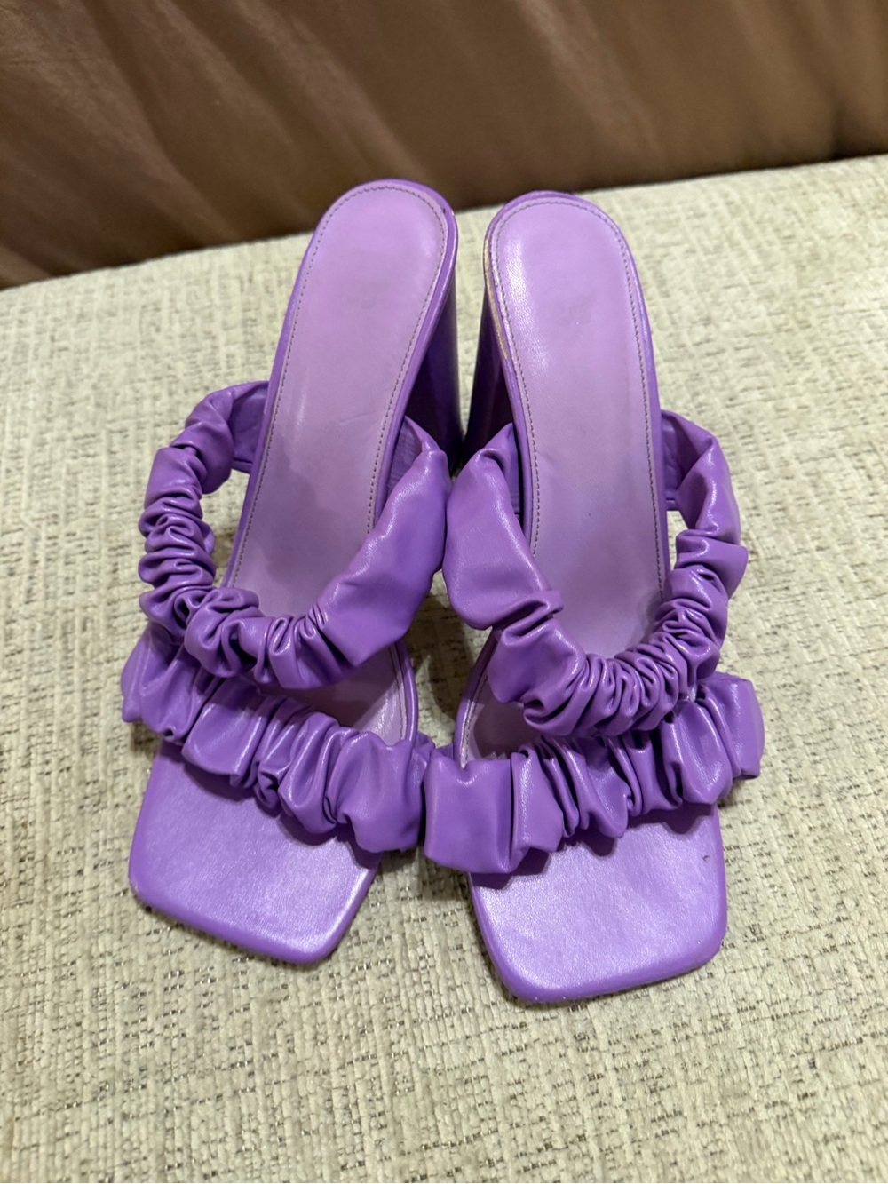 Colin Stuart Lavender Ruched Square-Toe Slide Heels
